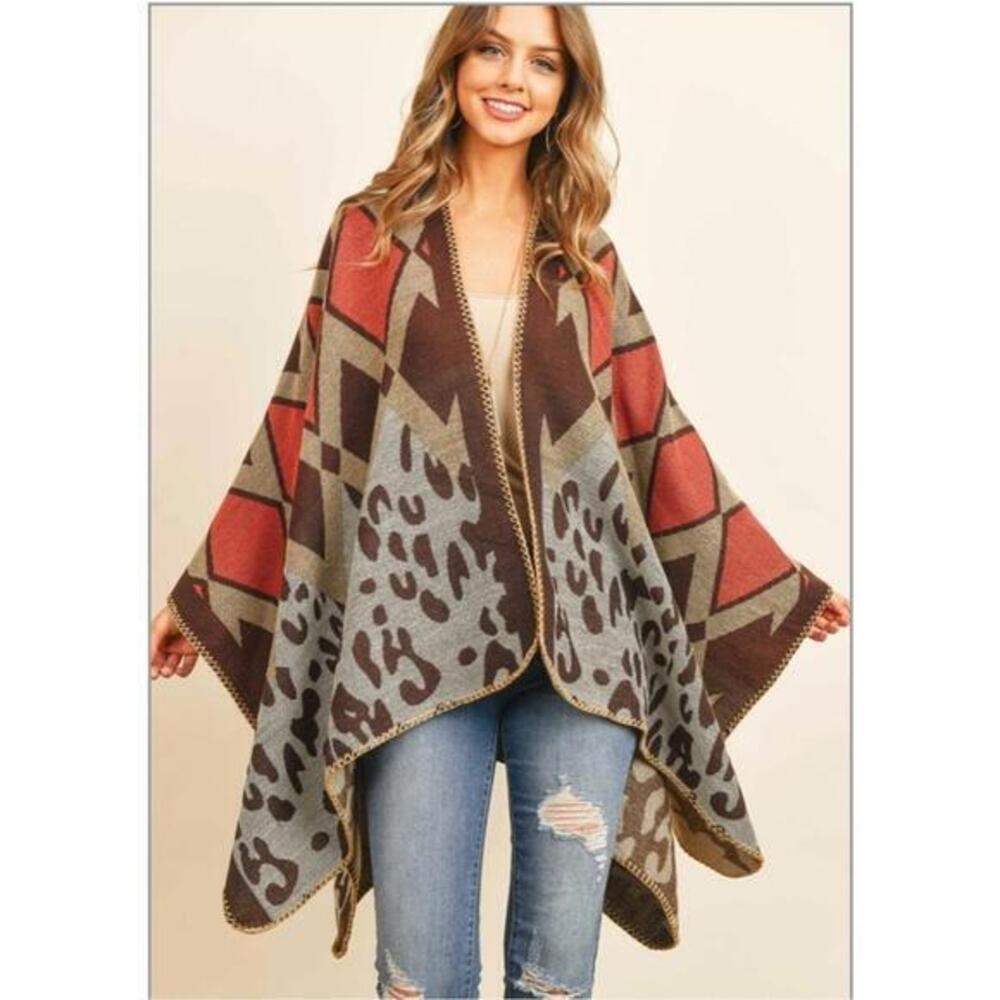 Chevron Leopard Print Sweater Open
Front Poncho